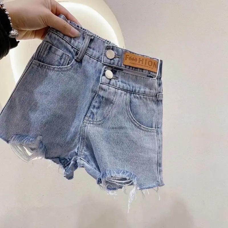 Women's Kids Summer Ripped Denim Shorts with Embossed Logo Casual Wear for Girls Cotton Blend Stretchy Jeans Shorts for Kids