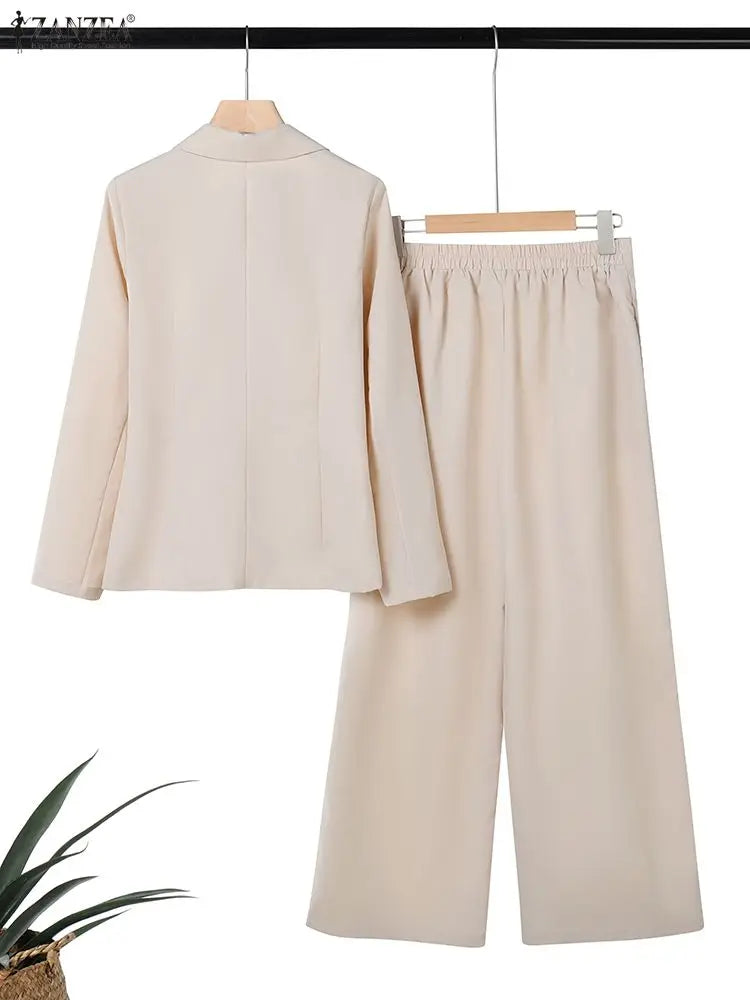 ZANZEA Women's Minimalist 2 Piece Sets Lepel Neck Blazer and Wide Leg Pants 2pcs Suits 2026 Spring Fashion Woman Outfits S-3XL
