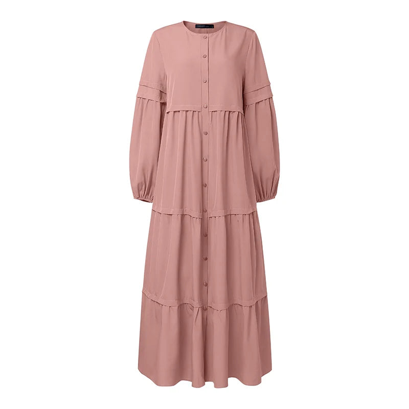 Women Autumn Dresses ZANZEA Muslim Abaya Robe Femme Elegant Long Sleeve Pleated Sundress Ramadan Kaftan Solid Button Vestido
