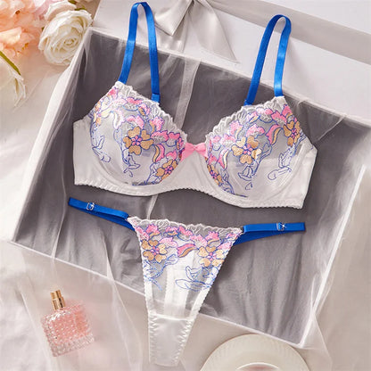 Women's Lingerie Sweet Floral Embroidered Lingerie Set Underwire Push Up Bra Panties Sets Elegant Mesh Underwear Soft Intimate