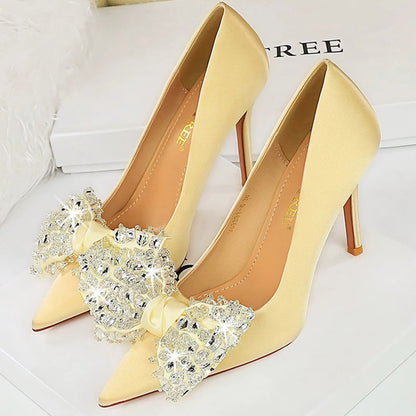 2026 Bow Knot Rhinestone Women Pumps Large Size 43 High Heels Luxury Banquet Shoes Stilettos Sexy Party Shoes Design Lady Heels