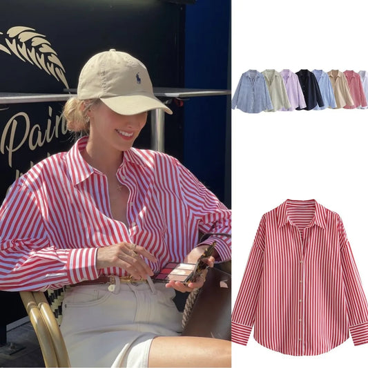 ETJ 2025 women's spring new europe-american fashion striped long sleeve lapel loose version poplin shirt multi-color selection