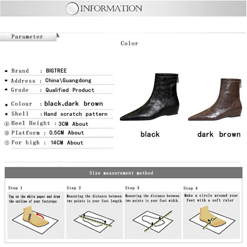 Retro Women's Boots Low Heeled Ankle Boots With Wedges Heels Women Shoes Rear Zipper Ladies' Leather Boots Pointed Short Boots