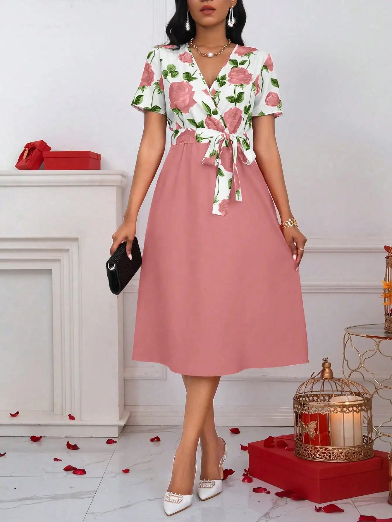 Women's Floral Print V-Neck Tie Waist Midi Dress - Rose Patchwork A-Line Short Sleeve Dress for Casual, Vacation & Wedding Guest
