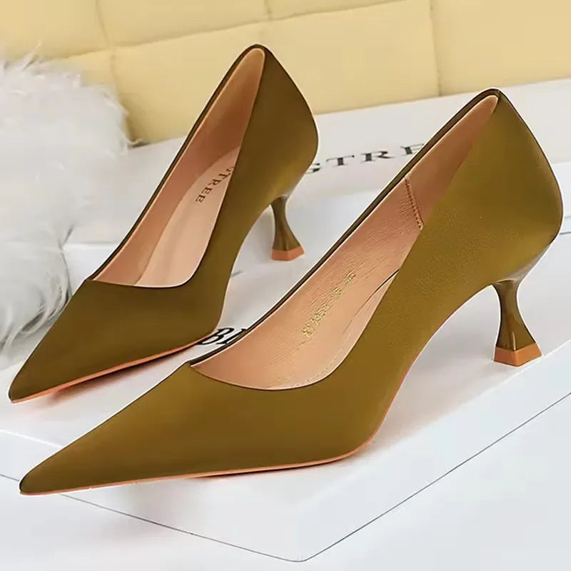 BIGTREE Shoes Kitten Heels 5.5 Cm Women Pumps Silks Satins Lady Heels Fashion Women Shoes Low Heel Female Shoes Large Size 43