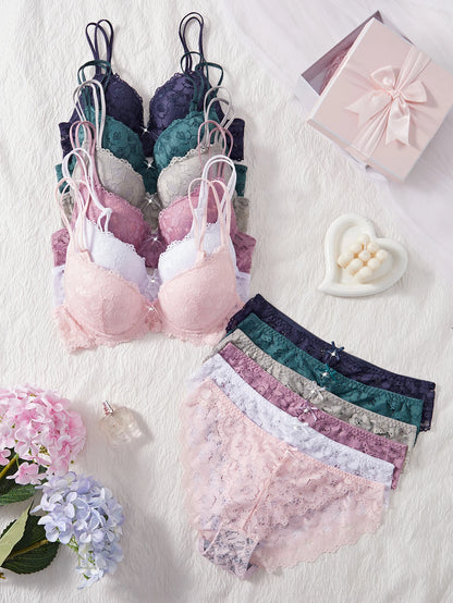 6-Piece Solid Women's Underwear Set Floral Lace Push Up Bra Sexy Hollow Out Panties Comfortable Lingerie Set