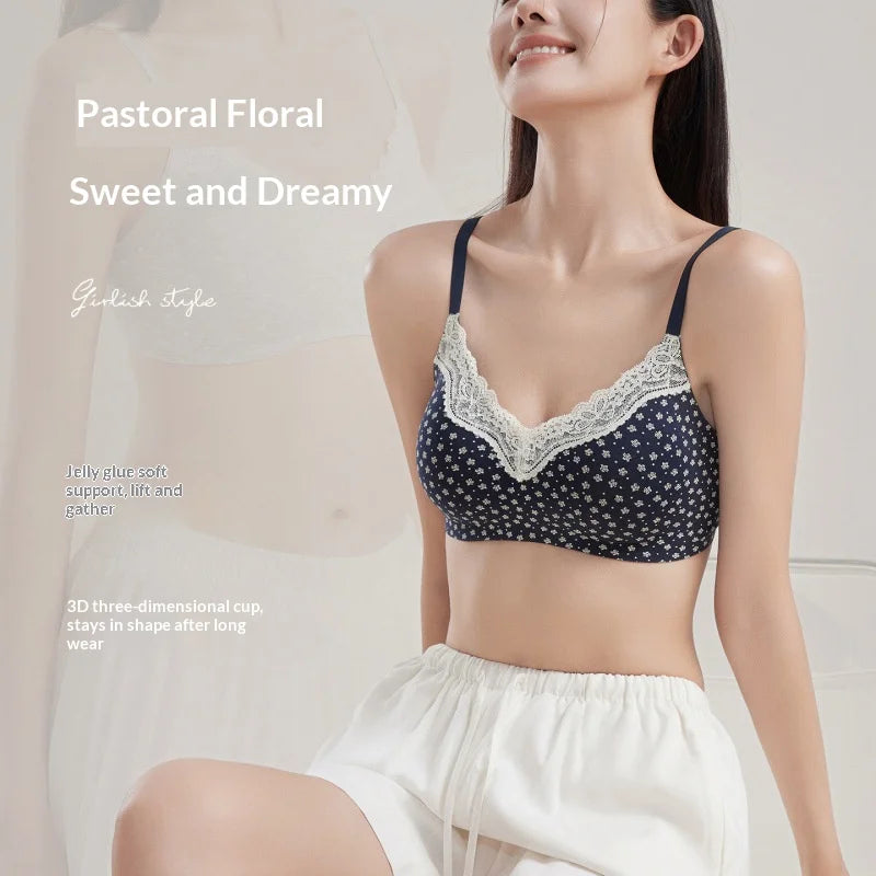 Teenage Sexy Lace Floral Bra Set Comfortable Non-steel Ring Beauty Back Small Breasts Gathered up Support Anti-Sagging Bra Set
