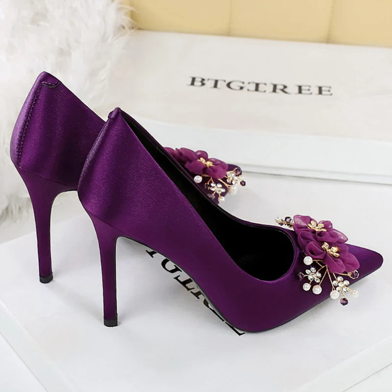 BIGTREE Shoes Flower Bead Design Women Pumps Silks Satins High Heels Luxury Banquet Shoes Stiletto Heels 10 Cm Ladies Shoes 2026
