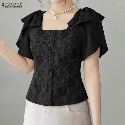ZANZEA Woman Elegant Floral Jacquard Blouses Square Neck Petal Sleeves Bow Details Short Tops Summer Feminine Blusas de Mujer