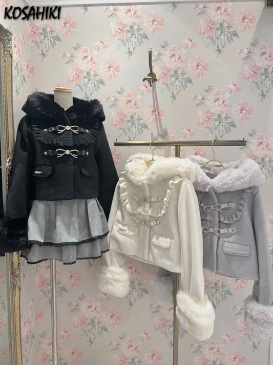 Japanese Fairy Furry Patchwork Hooded Jacket Harajuku Women Sweet Bow Grunge Coat 2025 Winter Y2k Aesthetic Ruffled Loose Coats
