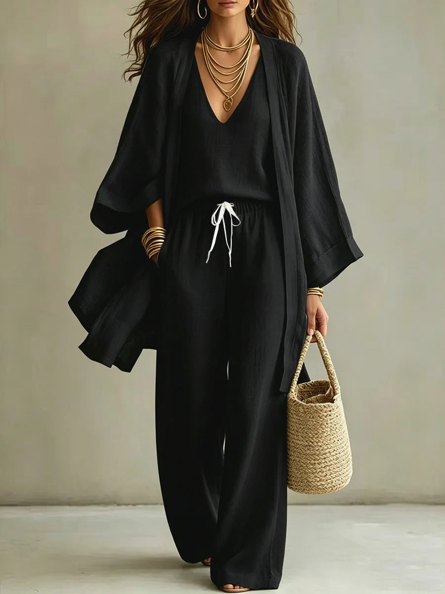 Women Fashion 3-Piece Set Open Front Cardigan Wide Sleeves Matching V-Neck Vest Drawstring Waist Wide Leg Pants Casual Outfit