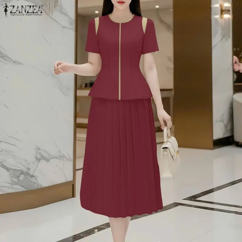 Elegant Summer OL Work Dress Sets 2026 ZANZEA Office Women 2 Piece Sets Short Sleeve Blouse Pleated Skirt Suit Patchwork Outfits