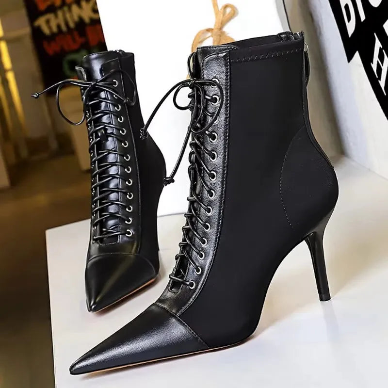 BIGTREE Shoes Cross Straps Sexy Women Boots Pointed Toe Stiletto High-heel Boots 2026 New Women's Ankle Boots Plus Size 42 43