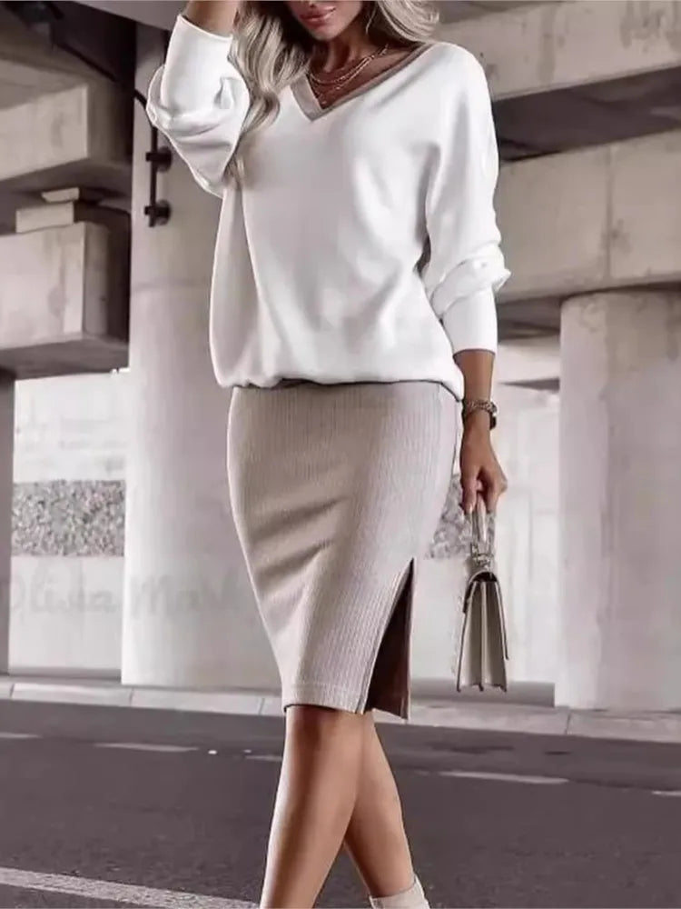 Autumn Winter Casual Loose V-neck Sweatshirt Suit Women's Tight Skirt Long-sleeved Top Two-piece Set New Fashion Holiday Sets