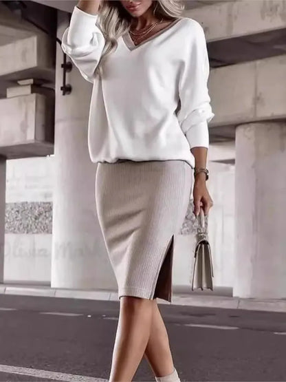 Autumn Winter Casual Loose V-neck Sweatshirt Suit Women's Tight Skirt Long-sleeved Top Two-piece Set New Fashion Holiday Sets
