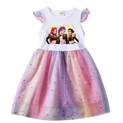 K-Pop Hunters Rumi Baby Girls Dress Children Cartoon Mesh Star Sequins Princess Dress Kids Flying Sleeve Skirt For Birthday Gift