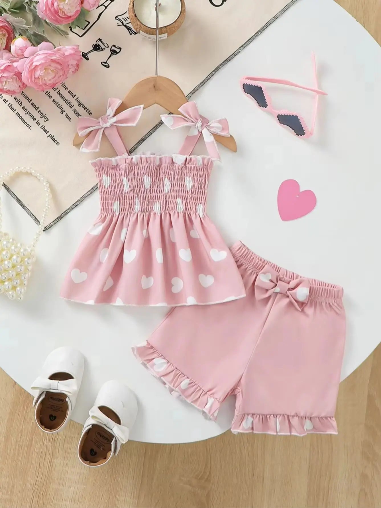 Heart Pattern Baby Girl Outfit with Butterfly Knot Shoulder Straps And Lace Hem Top And Shorts Pink Summer Casual Cute Set