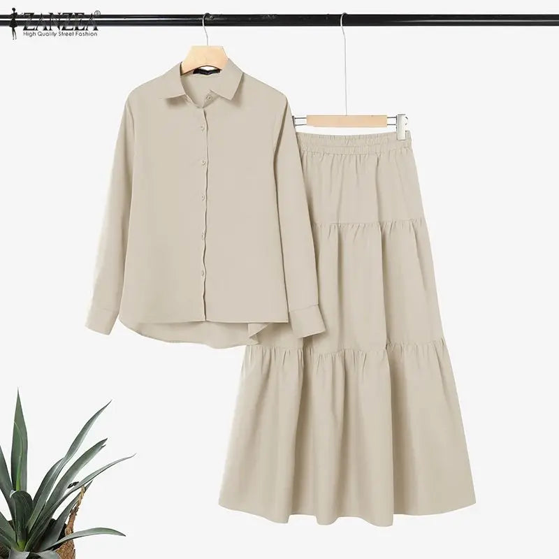 ZANZEA Modest Hijabis Womens Skirt Suits Long Sleeve Shirt & Tiered Long Skirt 2 Pieces Sets Muslim Islamic Daily Casual Outfits
