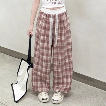 Girls' Wide Leg Pants Summer 2026 Icy Silk Plaid Loose Fit Slimming Casual Sportswear Adjustable Waist Breathable Long Pants