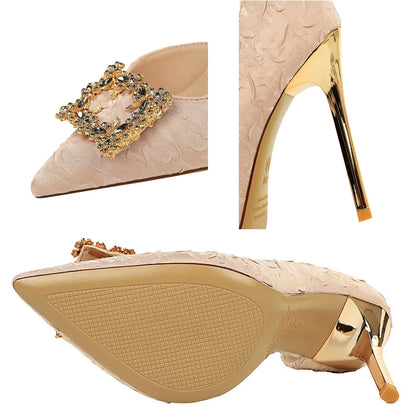 BIGTREE Shoes Rhinestone Women Pumps Silks Satins High Heels Stiletto 11 CM Metal Square Buckle Luxury Banquet Shoes Lady Shoes