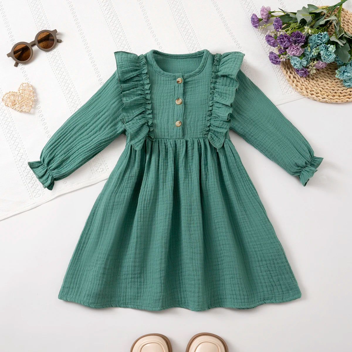 Girls' Long-Sleeve Dress Kids Cotton Skin-Friendly Breathable, Ruffled Shoulder & 3D Button Design, Soft For Party and Gift 3-8Y