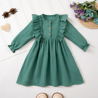 Girls' Long-Sleeve Dress Kids Cotton Skin-Friendly Breathable, Ruffled Shoulder & 3D Button Design, Soft For Party and Gift 3-8Y