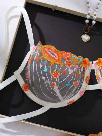 2026 Newest Thong Set Floral Embroidery Sexy Lingerie Set Women Thin-Transparent Bralette Underwire Bra Brief Set