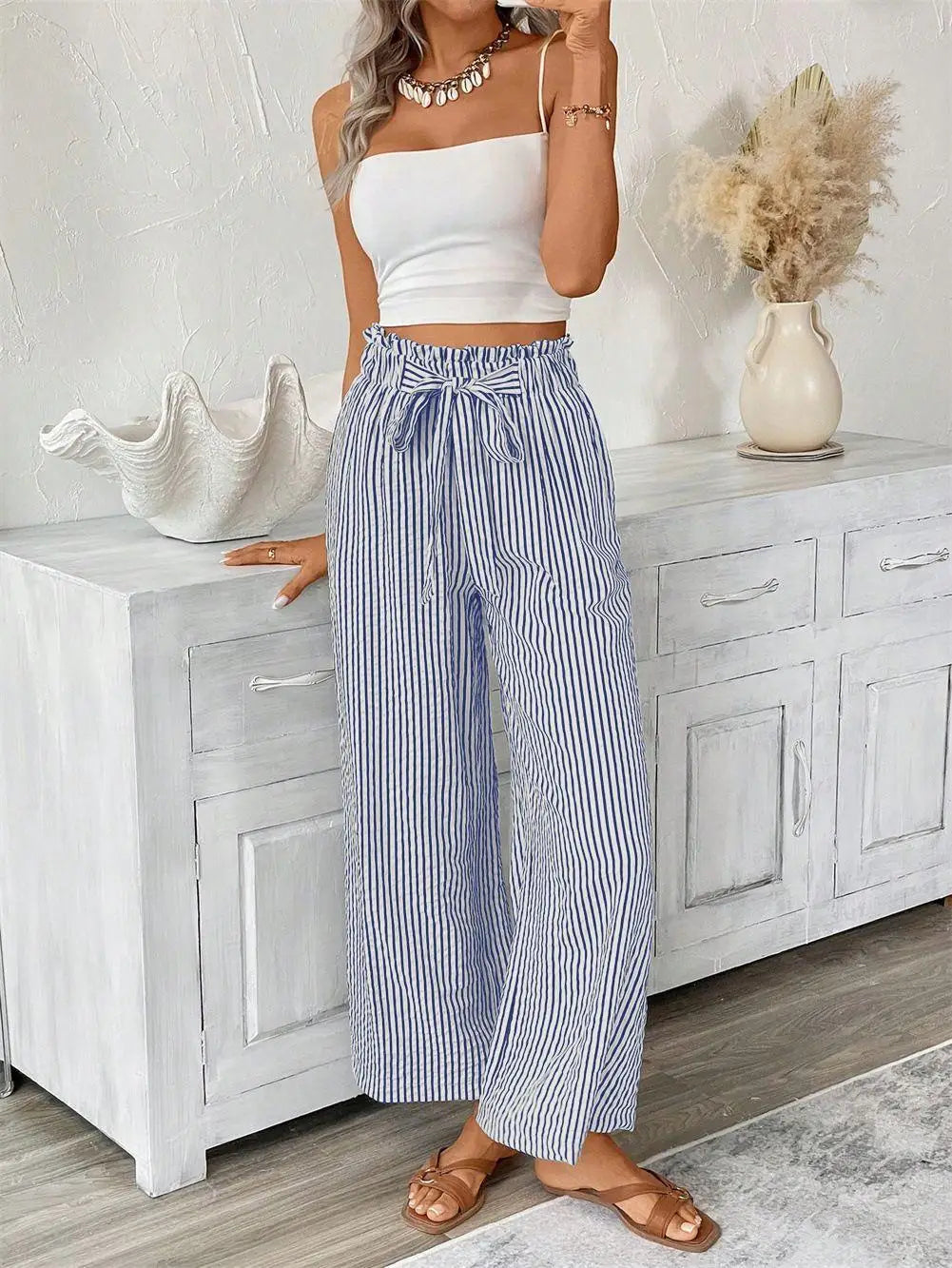 Spring Summer New High Waist Straight Leg Pants Women, European Stripe Wide Leg Trousers, Office Casual Paper Bag Pants, Loose F