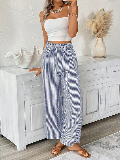 Spring Summer New High Waist Straight Leg Pants Women, European Stripe Wide Leg Trousers, Office Casual Paper Bag Pants, Loose F