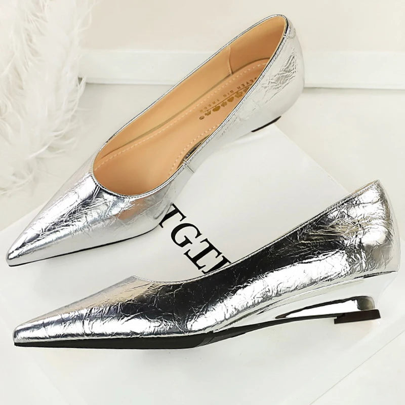 BIGTREE Shoes Women Wedges Shoes Pointed End Women Pumps Comfort Women's Shoes Low-Heel 3 CM Fashion Banquet Shoes Gold Sliver