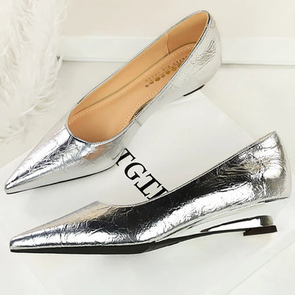 BIGTREE Shoes Women Wedges Shoes Pointed End Women Pumps Comfort Women's Shoes Low-Heel 3 CM Fashion Banquet Shoes Gold Sliver