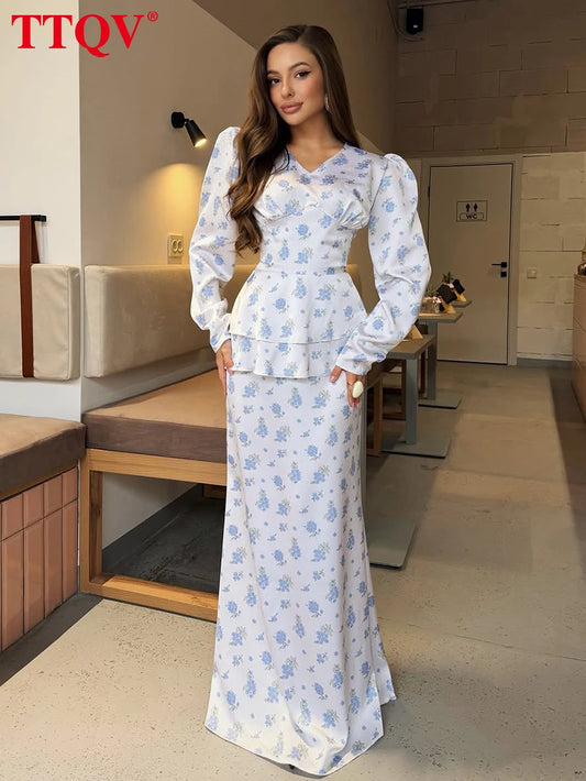 TTQV Fashion Loose Print Women's Dress 2026 Spring V-Neck Long Sleeve Maxi Dresses Elegant Classic High Waist Female Dress