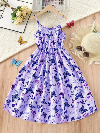 2026 casual and elegant girls' elegant butterfly print sleeveless dress - V-neck, long, perfect choice for summer