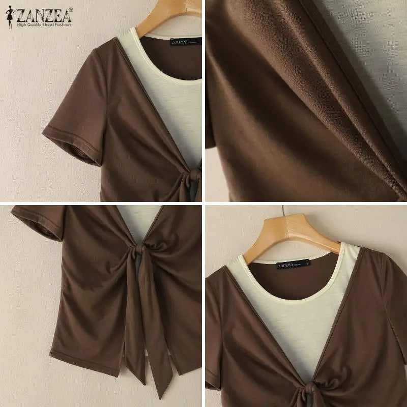 ZANZEA Summer Women Blouse Short Sleeve Fashion Tops Casual O Neck Patchwork Tee Party OL Work Blusas Tunic S-3XL Streetwear