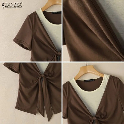 ZANZEA Summer Women Blouse Short Sleeve Fashion Tops Casual O Neck Patchwork Tee Party OL Work Blusas Tunic S-3XL Streetwear