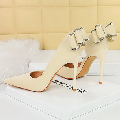 BIGTREE Shoes Rhinestone Back Bowknot Women Pumps Silks Satins High Heels Women Shoes Stilettos Sexy Party Shoes Wedding Shoes