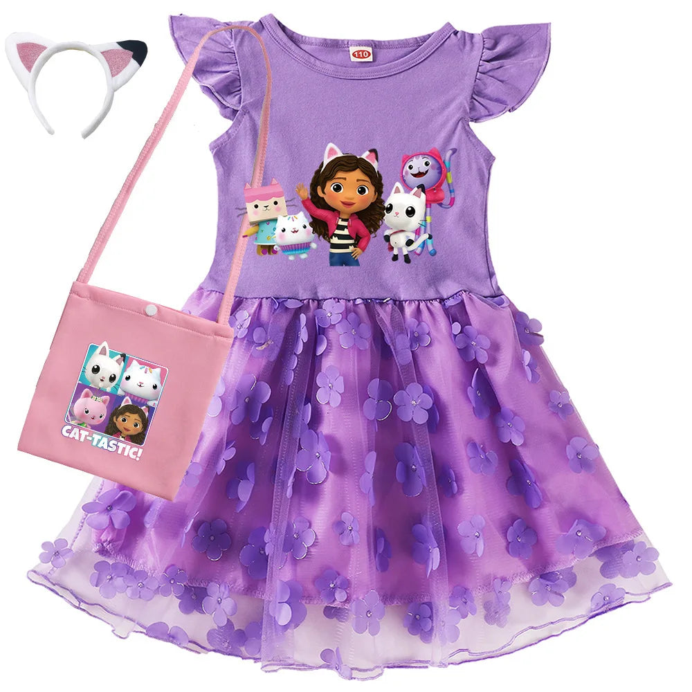 Vestidos Gabbys Dollhouse Costume Kids Cartoon Gabby Chat Dress Baby Girls Summer Short Sleeve Casual Dresses and Bag & Headband