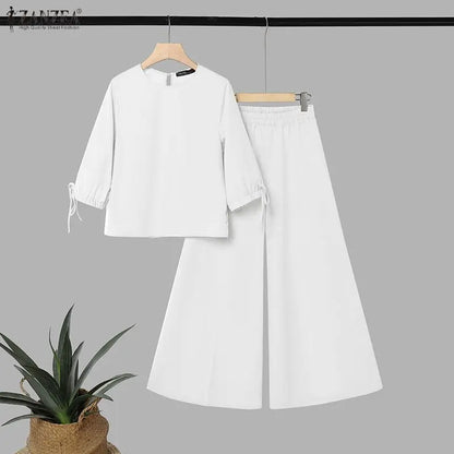 ZANZEA Women Minimalist Pant Sets 3/4 Lantern Sleeve Blouse & Wide Leg Pant Loose 2 Piece Suits Female Commute Work Outfits