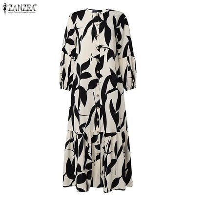 Bohemain Printed Maxi Dresses ZANZEA Fashion Women Long Lantern Sleeve Muslim Abaya Dress Hijab Robe Kaftan Buttons Up Vestidos