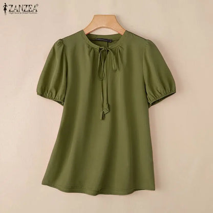 ZANZEA 2026 Woman Elegant Tie Neck Blouses Puff Short Sleeve Solid Color Tunic Tops Summer Casual Daily Wear Blusas Mujer S-3XL