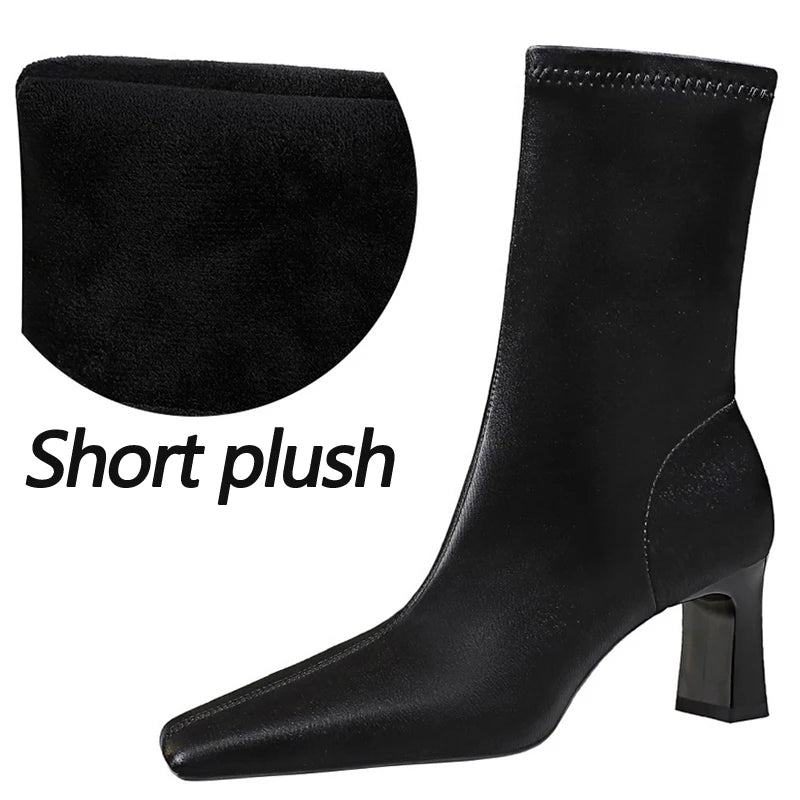 BIGTREE Shoes Autumn Winter Short Boots Square Head Leather Boots Women Shoes Thick Heel Skinny Boots Fashion High-heeled Boots