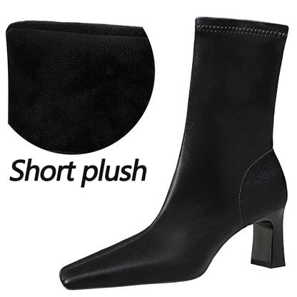 BIGTREE Shoes Autumn Winter Short Boots Square Head Leather Boots Women Shoes Thick Heel Skinny Boots Fashion High-heeled Boots