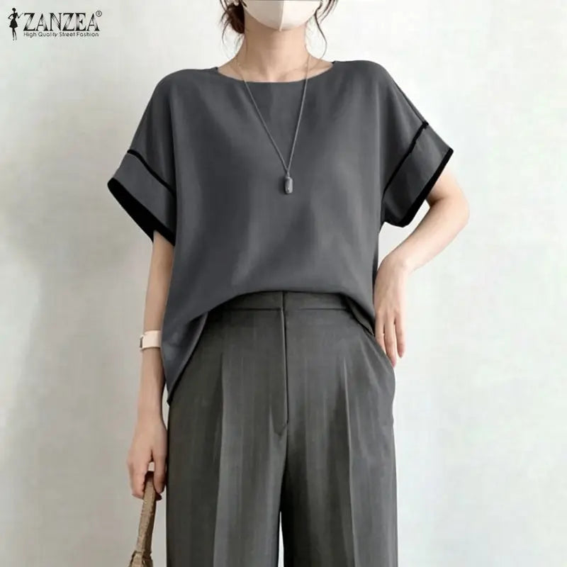 ZANZEA Women's Casual Loose Boatneck Blouses Short Sleeve Contrast-Trim Solid Color Tops Minimalist Fashion Blusas de Mujer