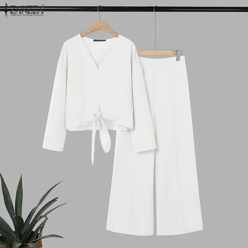 ZANZEA Women's Stylish 2-Piece Sets Long Sleeve V-Neck Tied-Hem Blouse & Wide Leg Pant Matching Sets Minimalist Casual Co-ords