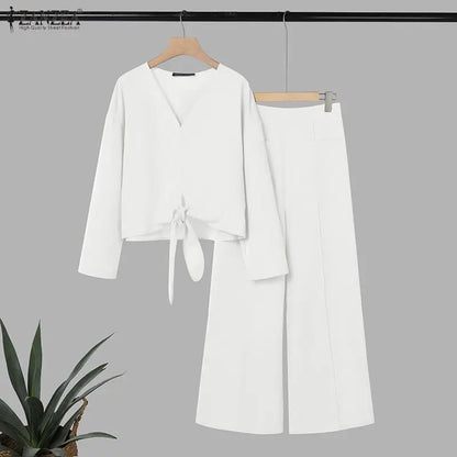 ZANZEA Women's Stylish 2-Piece Sets Long Sleeve V-Neck Tied-Hem Blouse & Wide Leg Pant Matching Sets Minimalist Casual Co-ords