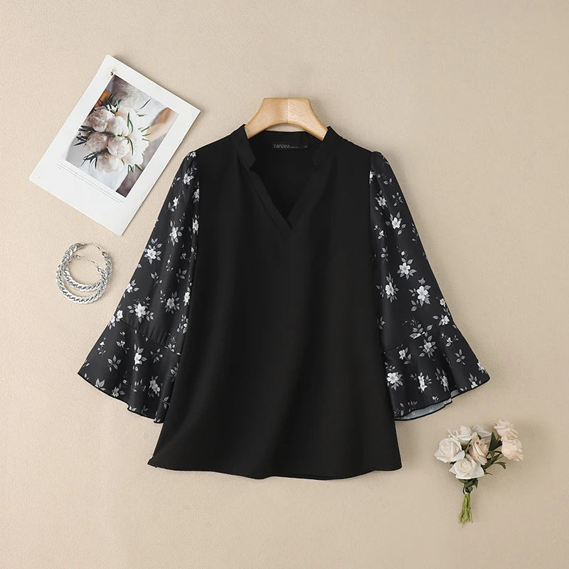 ZANZEA 2026 Elegant Women's Blouses V-Neck Floral Printed 3/4 Sleeve Loose Tops Spring Summer Casual and Day Woman Clothes 3XL