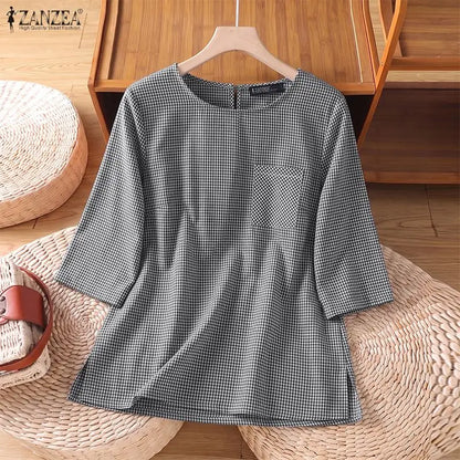 ZANZEA Woman Gingham Check Loose Blouses O-Neck Half Sleeves Pocket Detail Side Slit Tunic Tops Summer Casual Daily Wear Blusas
