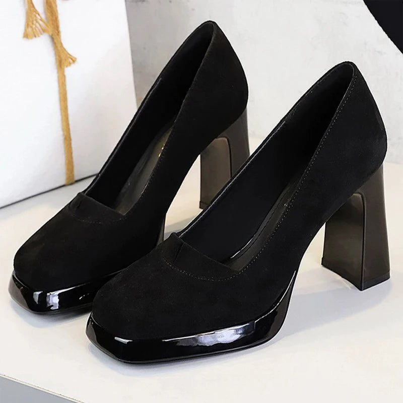 BIGTREE shoes 9 cm Chunky Block Heels Women Pumps Retro High Heels Square Headed Platform High Heels Suede Ladies Shoes 3 Colour