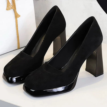 BIGTREE shoes 9 cm Chunky Block Heels Women Pumps Retro High Heels Square Headed Platform High Heels Suede Ladies Shoes 3 Colour