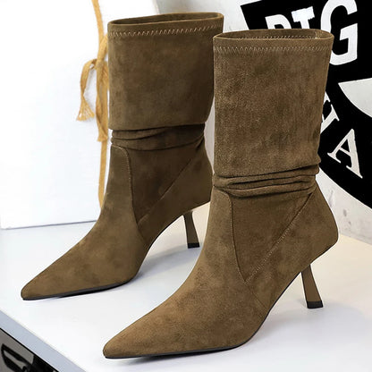 2026 New Women Pleated Elastic Boots Pointed Tip Mid-Calf Boots Women Shoes Suede Autumn Winter Boots Stilettos High Heel Boots
